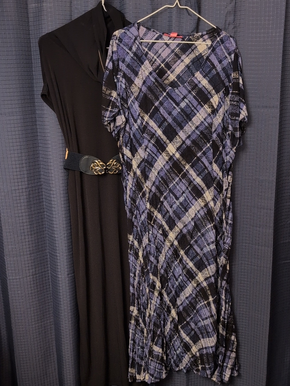 Woman Within Crinkle Plaid Maxi Dress in Black, Blue, and White M